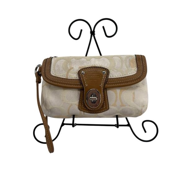 Coach Signature Jacquard Ivory Khaki Canvas Leather Trim Wristlet Y2K - Picture 1 of 7